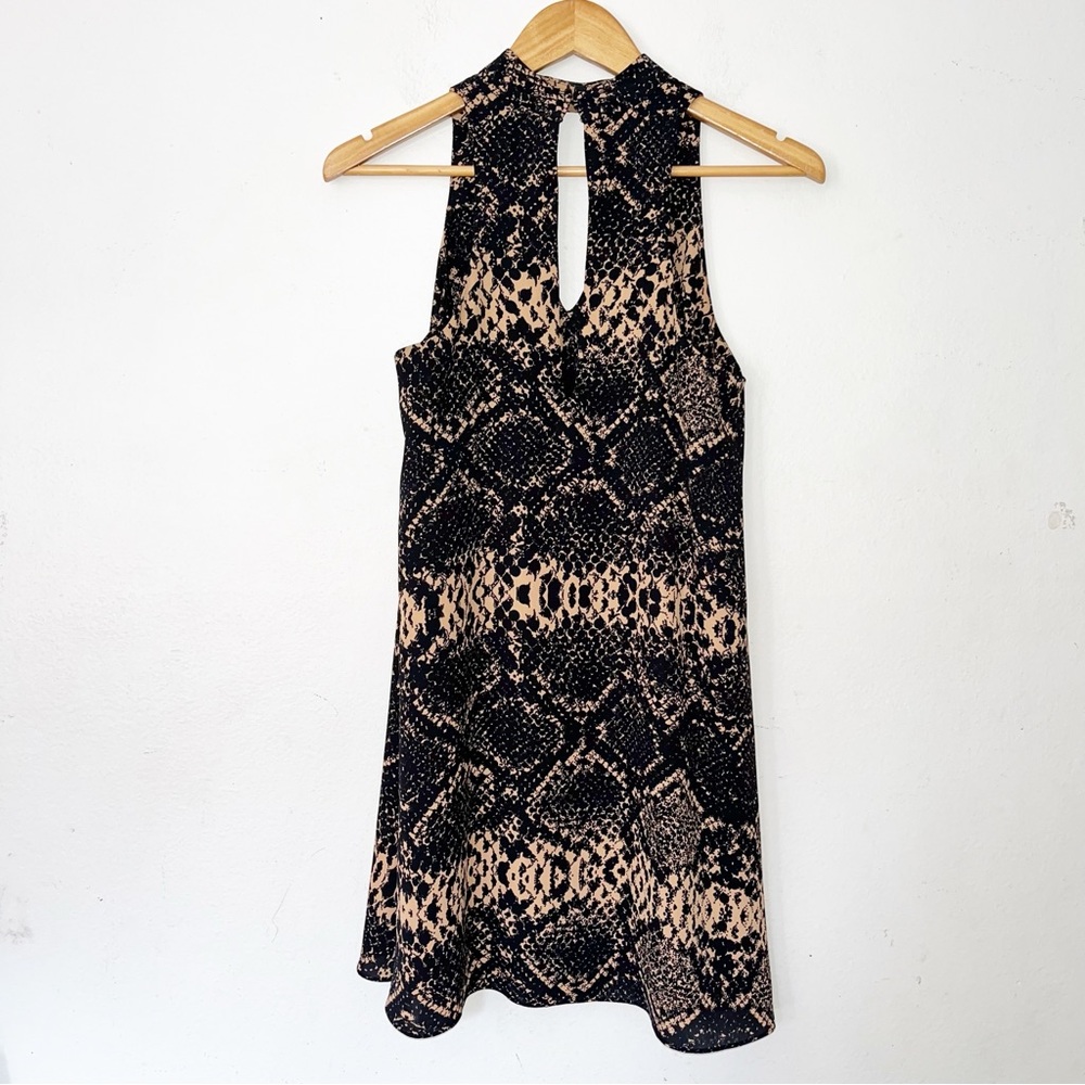 Amanda Uprichard Cassia black snake print cut out neckline mini halter dress P